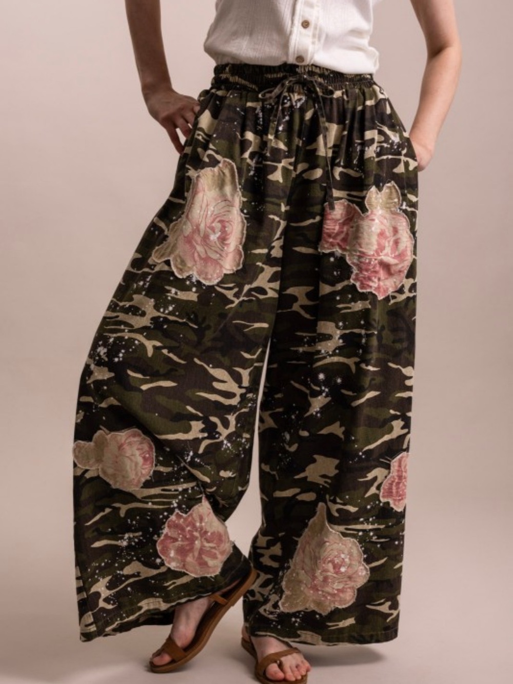 Wide Leg Camouflage Floral Print Pants - Olive & Pink